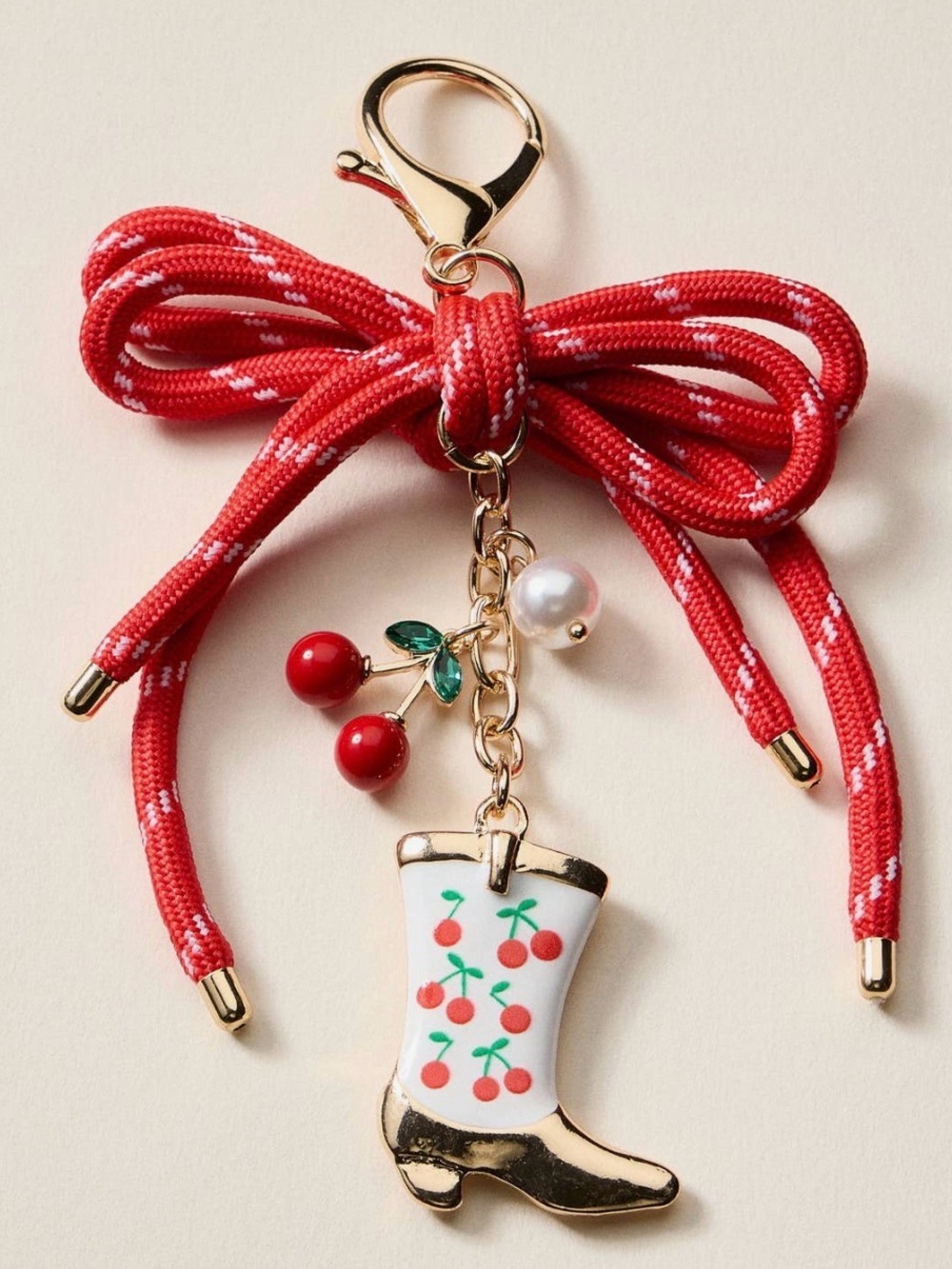Cherry Boot Bow Bag Charm - Red, White, Gold